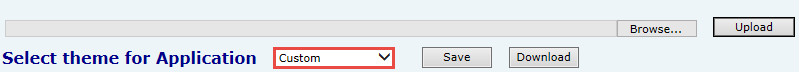 Dropdown menu for selecting application theme with options to save or upload.